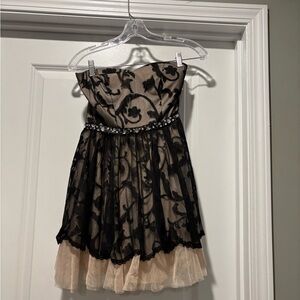B. Darlin Dress Sz 3 4 Tulle Lace Beading Strappy Belted Blak Nude Overlay